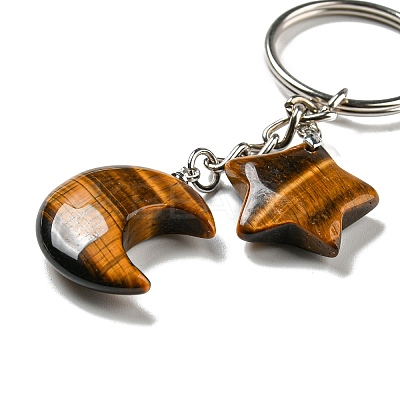Reiki Natural Tiger Eye Moon & Star Pendant Keychains KEYC-P015-02P-05-1