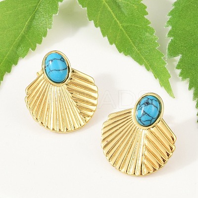 Fan 304 Stainless Steel Synthetic Turquoise Stud Earrings for Women EJEW-U046-17A-G-1