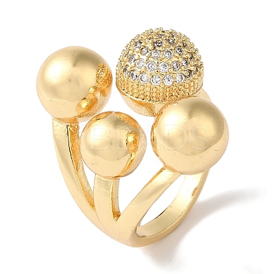 Brass Micro Pave Clear Cubic Zirconia Round Ball Open Cuff Rings for Women LS-RJEW-C098-18G-1