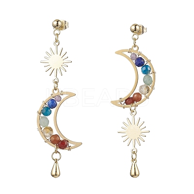 Chakra Moon Copper Wire Wrapped Gemstone Stud Earring EJEW-TA00485-1