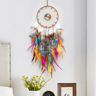 Natural Mixed Stone Chips & Woven Net/Web with Feather Hanging Ornaments HJEW-A013-03B-1