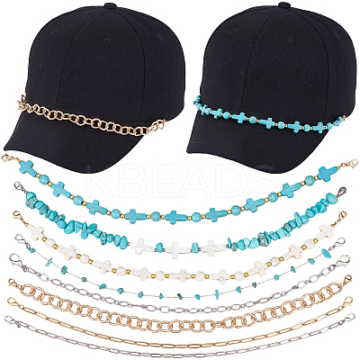 8Pcs 8 Styles Synthetic Turquoise Cross & Natural Trochid Shell & Natural Turquoise & Aluminum & 304 Stainless Steel Baseball Cap Chain HJEW-SC0002-39-1