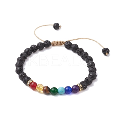 Adjustable Chakra 6mm Round Natural Dyed Malaysia Jade & Tiger Eye & Lava Rock BJEW-JB10614-1