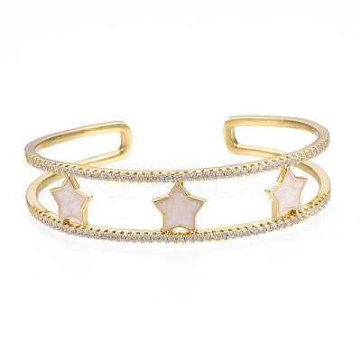 Enamel Star Open Cuff Bangle with Clear Cubic Zirconia BJEW-N012-025-1