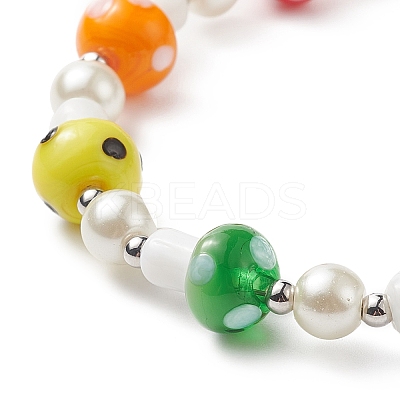Lampwork Mushroom & Glass Pearl Beaded Bracelet with 304 Stainless Steel Toggle Clasps for Women BJEW-TA00205-1