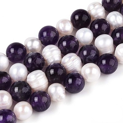Natural Amethyst Round & Natural Cultured Freshwater Pearl Grooved Potato Beads Strands PEAR-N019-11-1