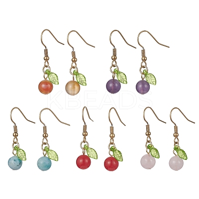 5 Pairs 5 Style Natural Mixed Gemstone Round Dangle Earrings EJEW-JE05492-S-1