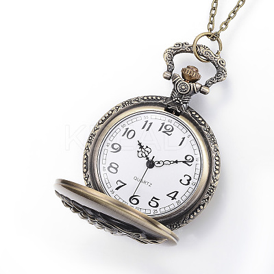 Carved Alloy Flat Round Pendant Necklace Quartz Pocket Watch WACH-P006-05-1