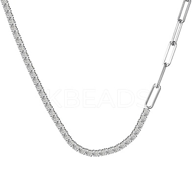 Rhodium Plated 925 Sterling Silver Pave Clear Cubic Zirconia Paperclip Chain Necklaces for Women NJEW-Q342-10P-1