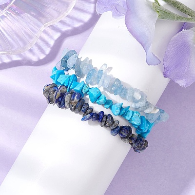 3Pcs Natural Aquamarine & Natural Lapis Lazuli & Synthetic Turquoise Chip Beaded Stretch Bracelet Sets BJEW-JB10861-1