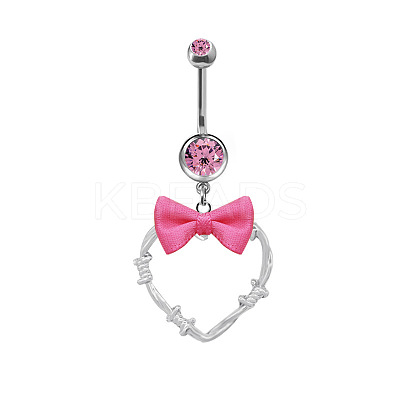 304 Stainless Steel Pave Cubic Zirconia with Cloth Bowknot Heart Dangle Belly Rings FS-WG03D58-06-1