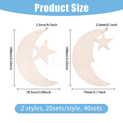 40 Bags 2 Styles Moon & Star Unfinished Blank Wooden Pendants Set for Painting Arts HJEW-CA0001-75-1