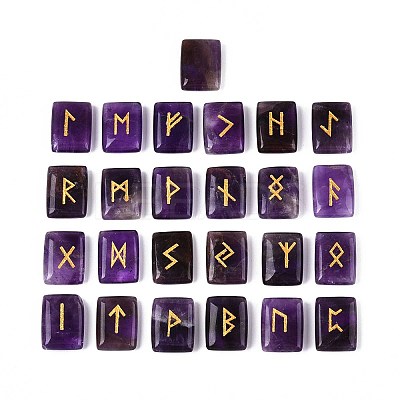 25Pcs Rectangle Natural Amethyst Rune Stones with Elder Futhark Alphabet Engraved G-T142-33-1