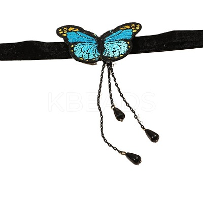 Gothic Alloy Rhinestone Black Lace Blue Butterfly Choker Necklaces for Women FS-WG02494-03-1