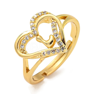 Heart with Letter Rack Plating Brass Micro Pave Clear Cubic Zirconia Adjustable Rings for Women RJEW-I105-01G-L-1