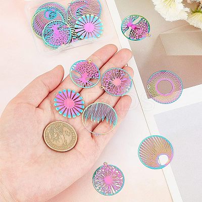 24Pcs 6 Style Ion Plating(IP) 201 Stainless Steel Filigree Pendants STAS-UN0033-12-1
