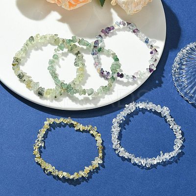 5Pcs 5 Styles Natural Green Aventurine & Quartz Crystal & Prehnite & Citrine & Fluorite Chips Beaded Stretch Bracelet Sets BJEW-JB10872-1