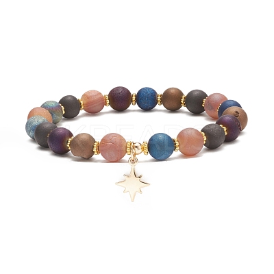 Natural Agate Round Beaded Stretch Bracelet with Brass Star Charm BJEW-JB08647-1