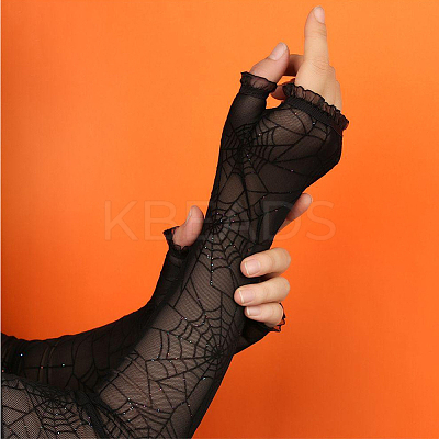 Spider Web Polyester & Spandex Long Fingerless Gloves for Women AJEW-WH20007-89A-1