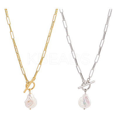 2Pcs 2 Colors Natural Pearl Beaded Pendant Neckaces Set NJEW-AN0001-16-1