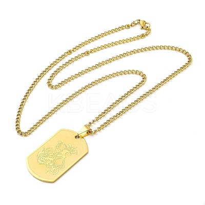 201 Stainless Steel Curb Chain Rectangle with Dragon Pendant Necklaces for Women LS-NJEW-M008-03G-1