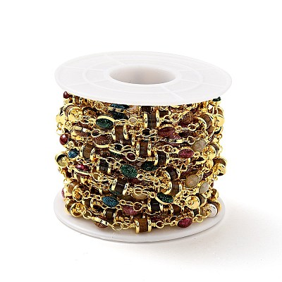 Natural Tiger Eye Column & Colorful Enamel Horse Eye Link Chain CHC-G017-03G-1