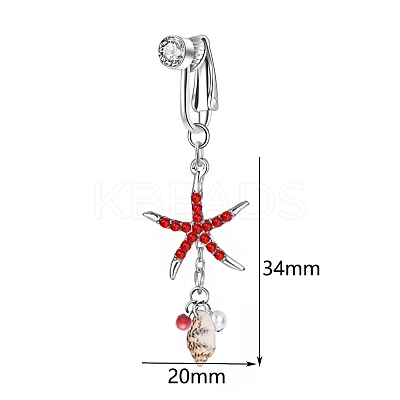 304 Stainless Steel Pave Cubic Zirconia & Plastic Pearl & Natural Shell Starfish Dangle Clip on Belly Rings FS-WG69EA3-03-1