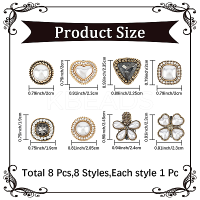 8Pcs 8 Styles Alloy & Glass & ABS Plastic Imitation Pearl Shoe Buckle Clips AJEW-CP0006-84-1