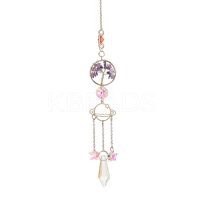 Wire Wrapped Natural Amethyst Ring with Tree of Life Pendant Decorations HJEW-K046-05G-06-1