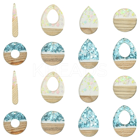 16Pcs 8 Styles Transparent Resin & White Wood Pendants RESI-FS0001-82-1