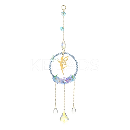 Teardrop Flower Glass & Acrylic Beads Suncatcher with 201 Stainless Steel Fairy Pendants HJEW-JM04988-02-1