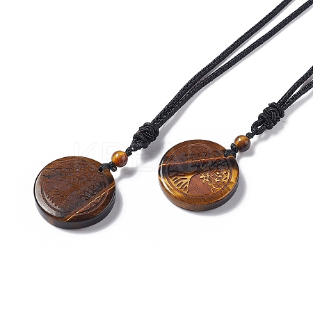 Natural Tiger Eye Flat Round with Tree of Life Pendant Necklace with Nylon Cord for Women NJEW-P274-03-01-1