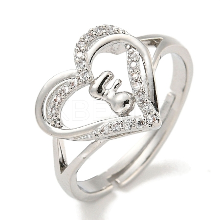 Heart with Letter Rack Plating Brass Micro Pave Clear Cubic Zirconia Adjustable Rings for Women RJEW-I105-01P-F-1