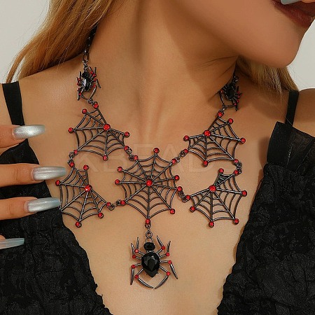 Halloween Spider Web Alloy Siam Rhinestone Bib Necklaces for Women NJEW-P340-01B-1