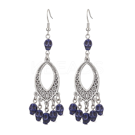 Halloween Skull Dyed Synthetic Turquoise & Alloy Dangle Earrings EJEW-JE05890-04-1