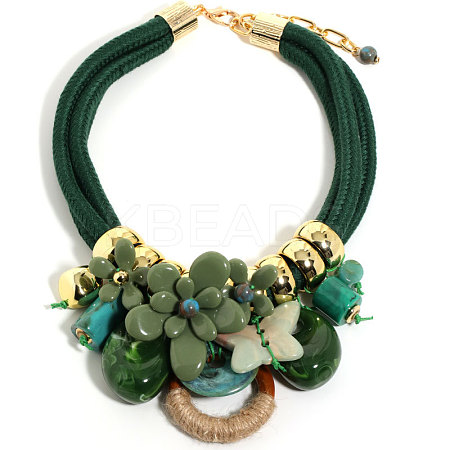 Flower Butterfly Ring Acrylic & Wood Pendant 2-Strand Cotton Cord Bib Necklaces for Women FS-WG99BBE-01-1