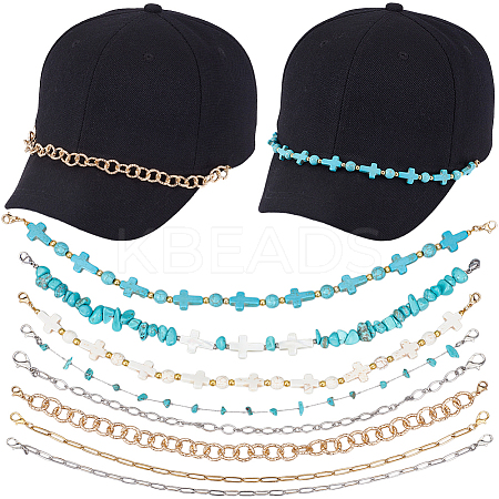 8Pcs 8 Styles Synthetic Turquoise Cross & Natural Trochid Shell & Natural Turquoise & Aluminum & 304 Stainless Steel Baseball Cap Chain HJEW-SC0002-39-1