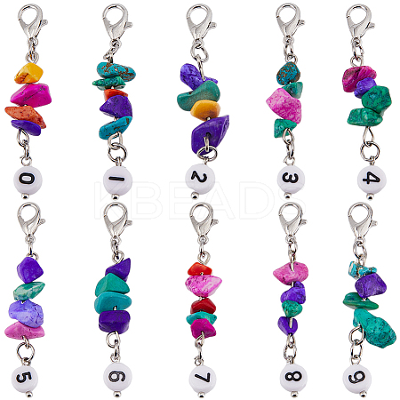 20Pcs Number 0~9 Synthetic Turquoise Chip & Acrylic Beaded Locking Stitch Markers HJEW-SC0001-54-1