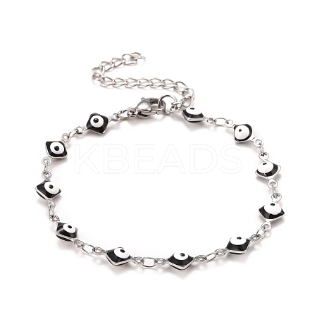 Enamel Rhombus with Evil Eye Link Chains Bracelet BJEW-P271-03P-04-1