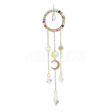 Natural Agate Woven Net/Web with Feather Window Hanging Suncatchers HJEW-JM00852-04-1