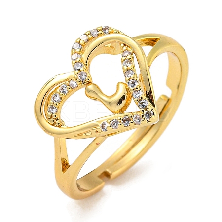 Heart with Letter Rack Plating Brass Micro Pave Clear Cubic Zirconia Adjustable Rings for Women RJEW-I105-01G-L-1