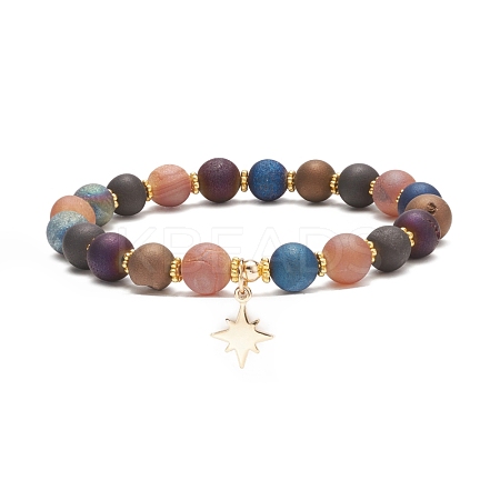 Natural Agate Round Beaded Stretch Bracelet with Brass Star Charm BJEW-JB08647-1