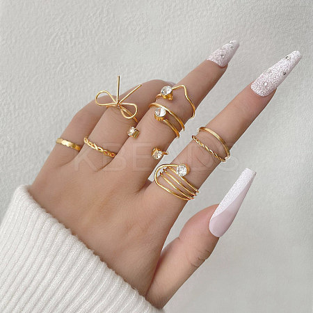 8Pcs Brass Rhinestone Finger Cuff Rings Set LS-RJEW-P157-01G-1