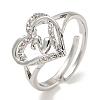 Heart with Letter Rack Plating Brass Micro Pave Clear Cubic Zirconia Adjustable Rings for Women RJEW-I105-01P-Z-1
