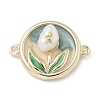 Brass Enamel Flat Round with Rose Connector Charms KK-M308-01G-02-1