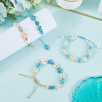 4Pcs 4 Style Turtle & Starfish & Round Synthetic Green Turquoise Braided Beaded Bracelets Sets BJEW-SC0001-43-1