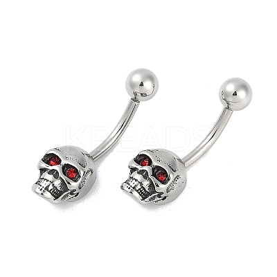 Skull 316 Surgical Stainless Steel Red Cubic Zirconia Belly Button Rings EJEW-G416-34AS-1