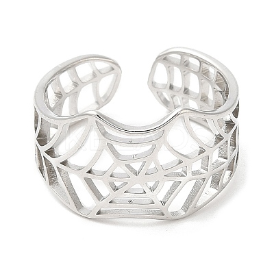 Non-Tarnish 304 Stainless Steel Hollow Spider Web Open Cuff Ring for Women RJEW-M149-25P-1