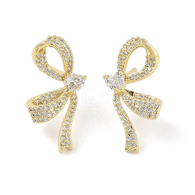 Left and Right Bowknot Brass Micro Pave Clear Cubic Zirconia Stud Earrings EJEW-L285-009G-1