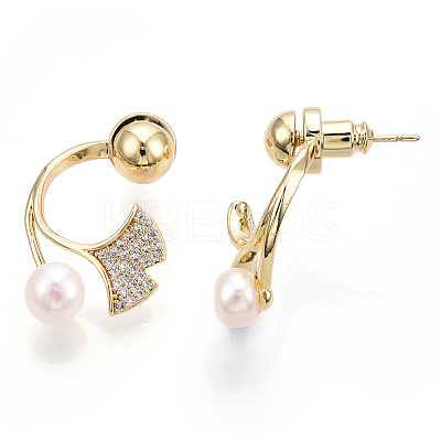 Ginkgo Leaf Natural Pearl Front Back Stud Earrings with Cubic Zirconia PEAR-N020-05Q-1